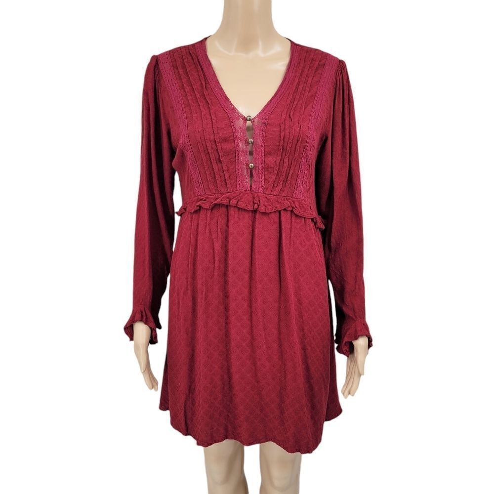 Coco + Jaimeson Maroon Pintuck Lace Detail Long Sleeve Boho Midi Dress